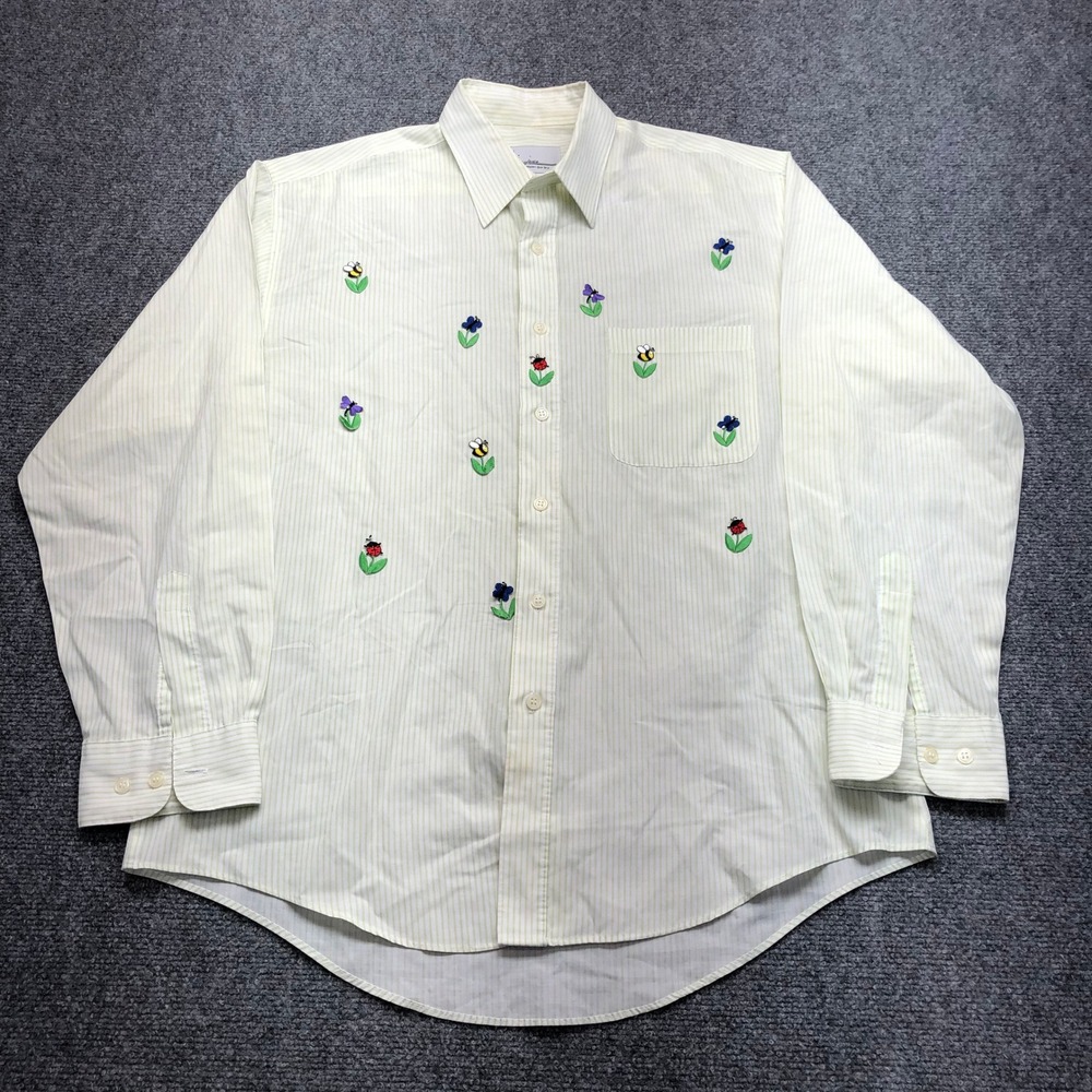 Mili Designs Vintage Green Pinstripe Embroidered Bee Ladybug Flower Shirt Medium